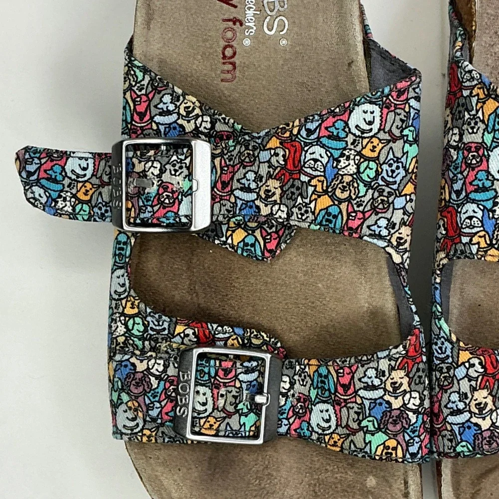 BOBS Skechers Multicolor Dog Print Slide Sandals Kids Size 7 Memory Foam Buckle